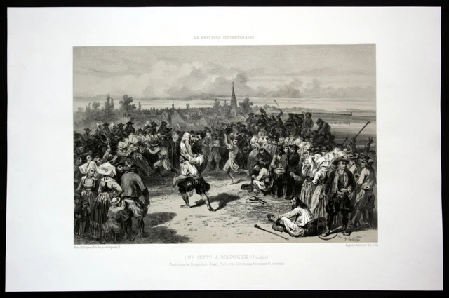Aprox. 1860 Rosporden Vue Lutte Lucha Bretagne Francia Litografía