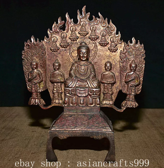 13.6"Alte Tibat Buddhismus Kupfer vergoldete 5 Shakyamuni Amitabha Buddha Statue