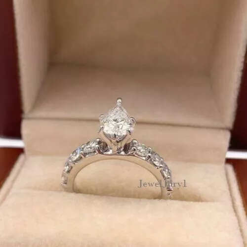 1.28 Carat Pear Cut Moissanite Wedding Engagement Ring Solid 14k White Gold