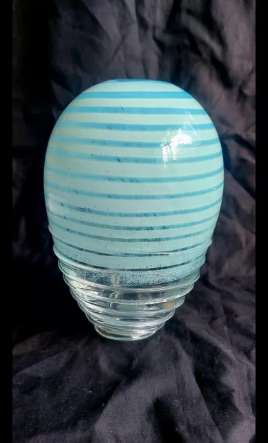 Blue And White Striped Art Glass Vase With Clear Applied Glass Trailing.