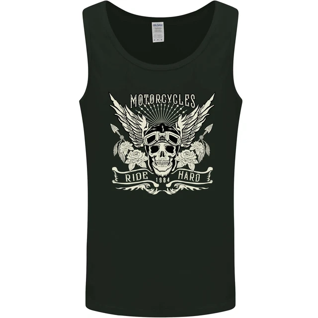 Motorcycles Ride Hard Biker Skull Motorbike Mens Vest Tank Top