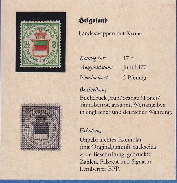 Altdeutschland Helgoland 1877  3 Pfennig Mi.-Nr. 17 b * gepr. LEMBERGER BPP