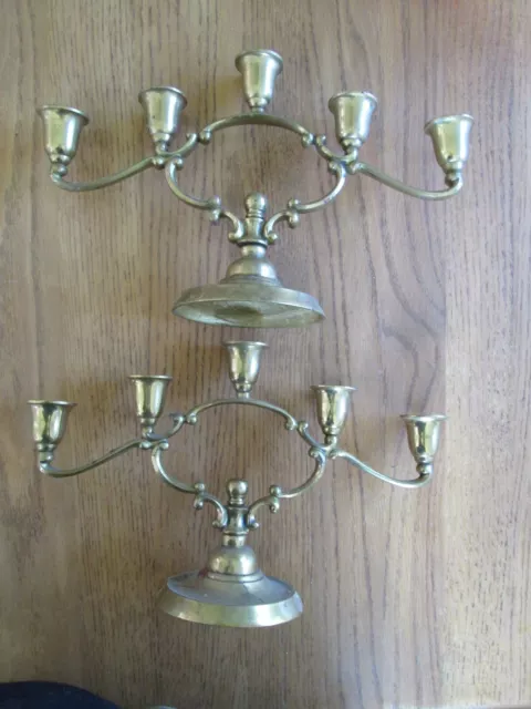 Antique pair of brass five arm candelabra candle holders