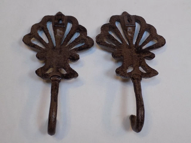 Pair of 2 Black Cast Iron Wall Decor Coat Hook Shell Rustic Old Design Lot Set 2 2