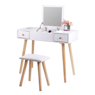 Vanity Girls Dressing Table&Stool Makeup Desk W/Mirror&Drawers Storage Unit Gift 2