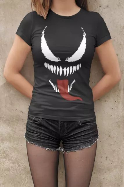 Bio Damen T-Shirt Lachendes Gesicht Venom mit Zunge Spiderman Movie