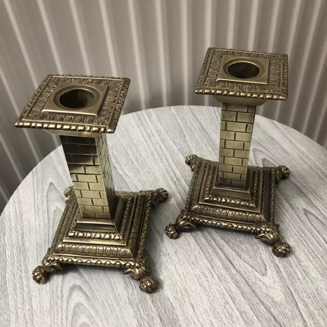 Beautiful Pair Of Solid Brass Antique / Vintage Candlesticks / Square / Rare 3