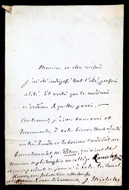 Jules MICHELET - LETTRE AUTOGRAPHE SIGNÉE SUR SA SANTÉ ET SES CONFRERES