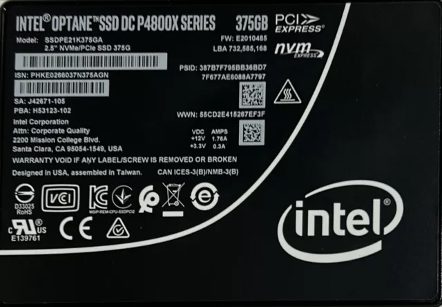 Intel SSDPE21K375GA01 Optane SSD DC P4800X Series 375GB, 2.5in PCIe x4 TESTED