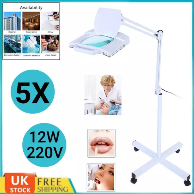 CE 5X Magnifying Lamp Rolling Desk /Floor Stand Adjustable 12W LED Salon Beauty