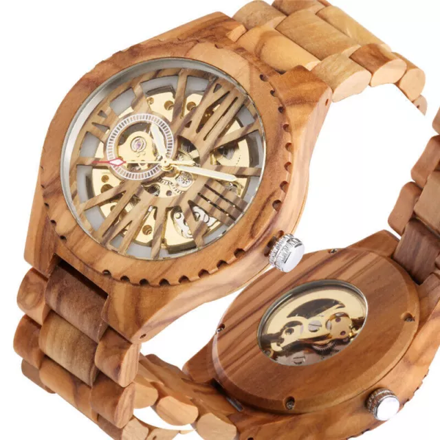 Eco-Friendly Mens Cherry Wooden Watches Hollow Skeleton Auto Mechanical Watch