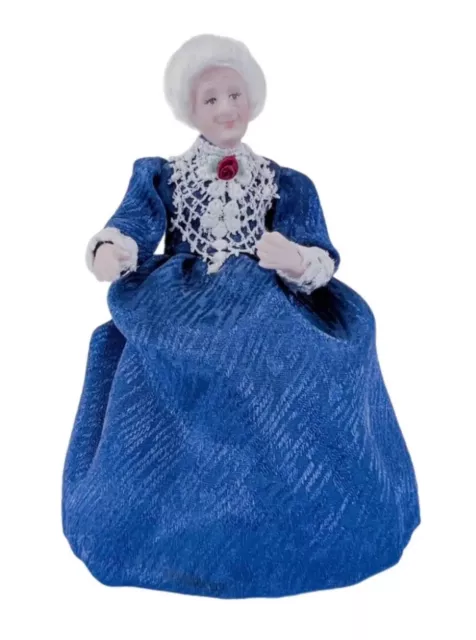 Victorian Style Older Woman w/ Blue Dress Dollhouse Miniature Porcelain Doll 5"