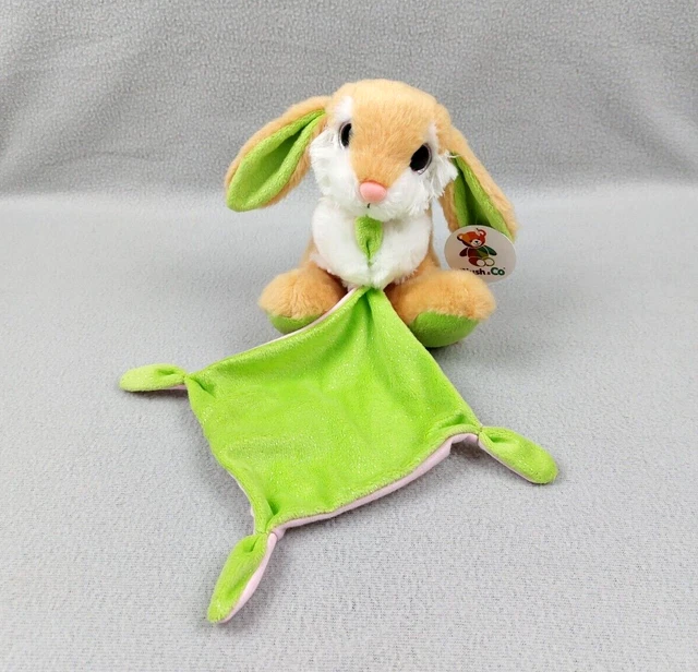 Doudou peluche lapin PLUSH & CO marron blanc mouchoir vert paillettes tissu rose