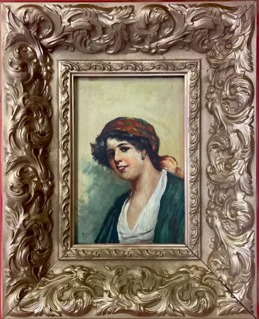 quadro dipinto a olio su tavola ritratto di donna con cornice stile antico 900