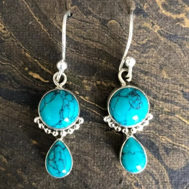 Sterling 925 Turquoise Argent Rond et Poire en Forme De Main Boucles D'Oreilles