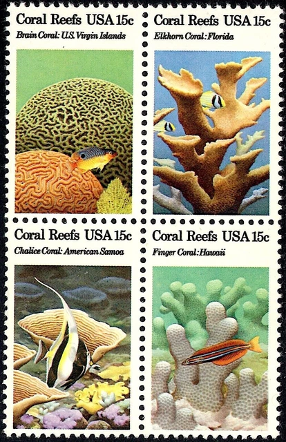 4 CORAL REEFS STAMPS: Brain, Elkhorn, Chalice, Finger, Underwater Tropical Fish