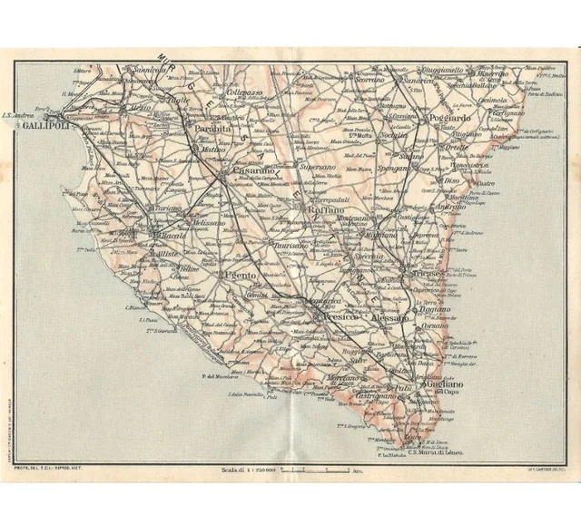 Carta geografica antica GALLIPOLI SANTA MARIA DI LEUCA TCI 1926 Antique map