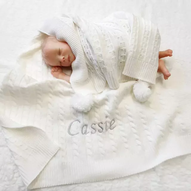 Personalised White Baby Blanket | Cable Knit Shawl with Pom Poms