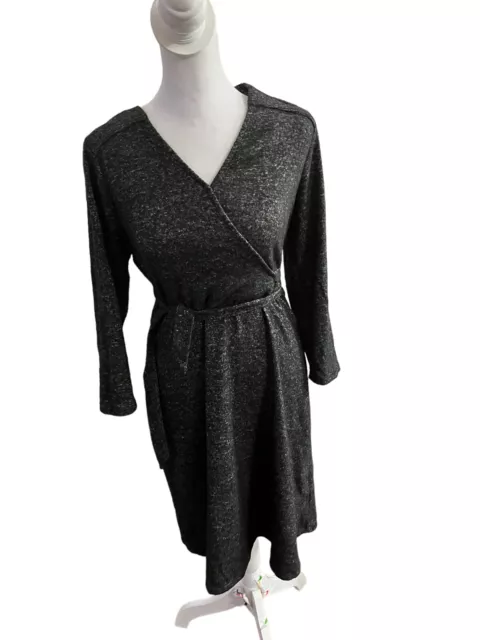 APT 9 Dress Womens Large Faux Wrap Side Tie Knit Black Gray V Neck Size S