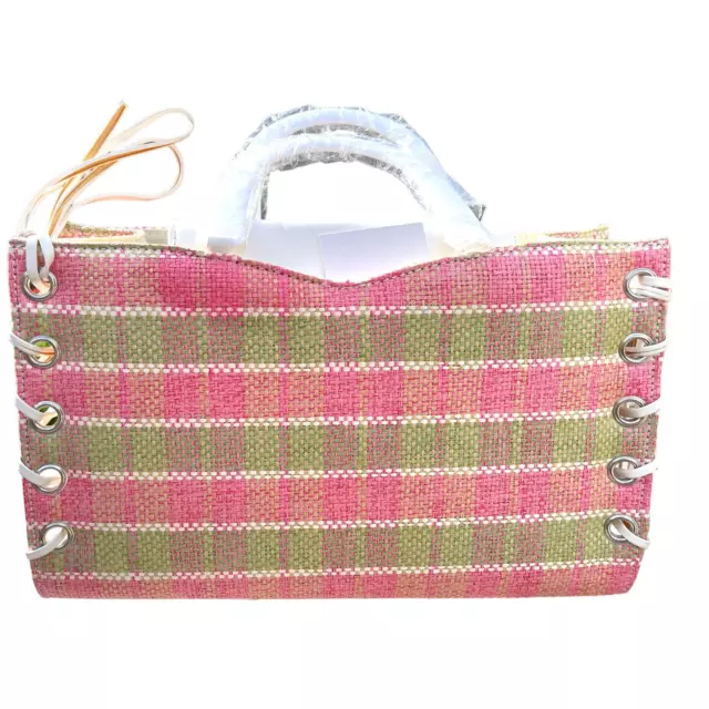 NWT 60s Vintage Pink & Green Plaid Tote Leather Rattan Tote Lace-up Sides Retro
