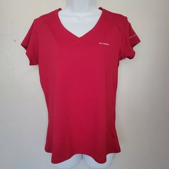 Columbia Women's Medium Red Pink Short Sleeve V-neck Shirt Athletic Omni-freeze