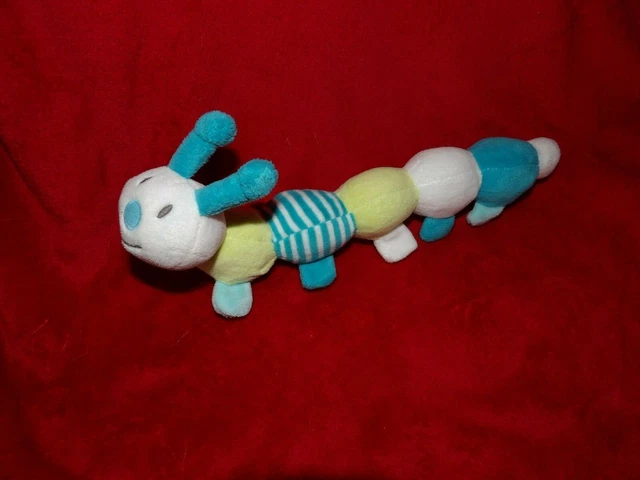Doudou Peluche Grelot Obaibi Okaidi Chenille Mille Patte Blanc Vert Bleu