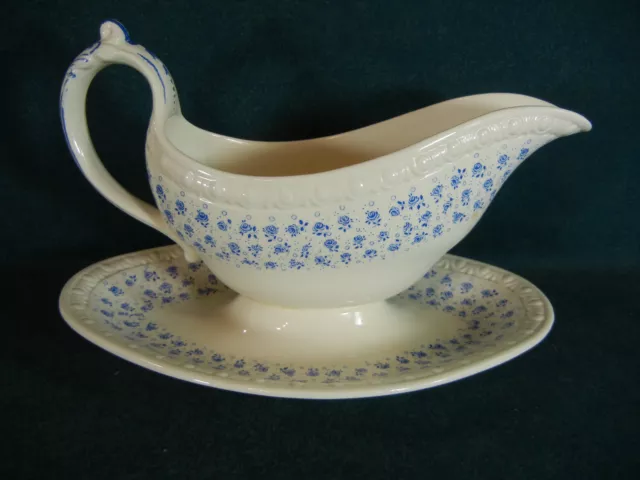 Copeland Spode Gossamer Blue Gravy Boat with Attached Under Plate