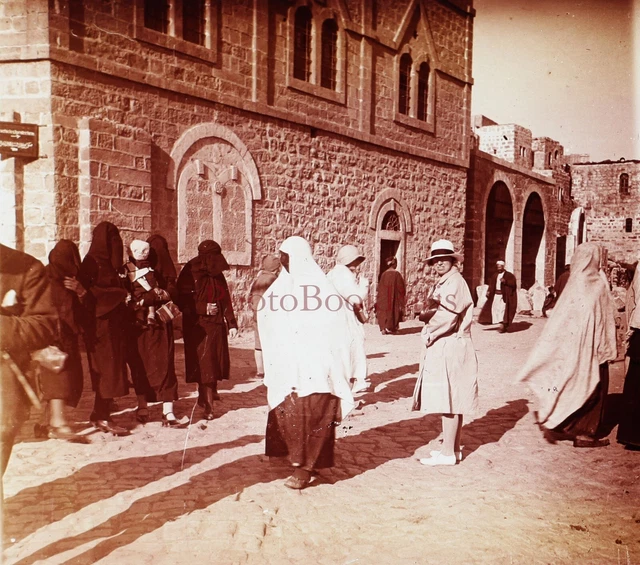 Femmes voilées Hébron Palestine c1930 Photo Plaque de verre Stereo Vintage 