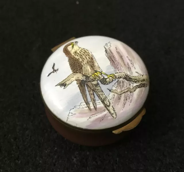 Crummles English Enamels Kestrel Bird Of Prey Enamelled Floral Trinket Pill Box