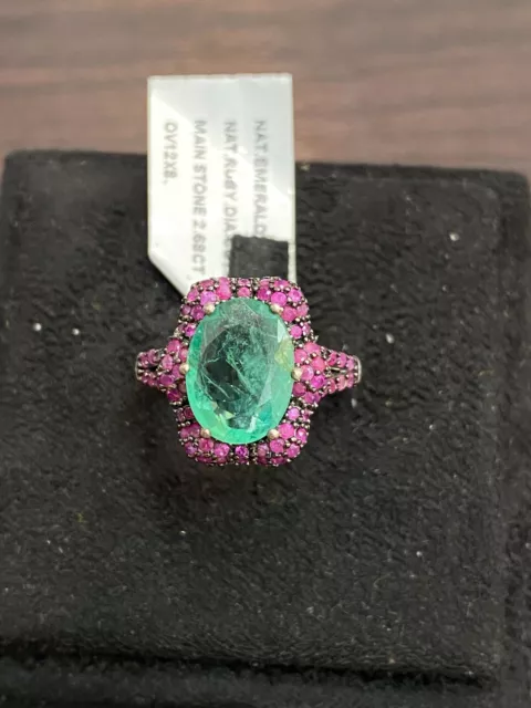 Natural Emerald 12X8 Ruby Diamond Cut Sterling Silver 925 Ring