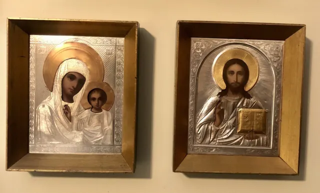 antique russian orthodox icon. Pair Of Holiday Icons.  Framed RizMetal (silver?)