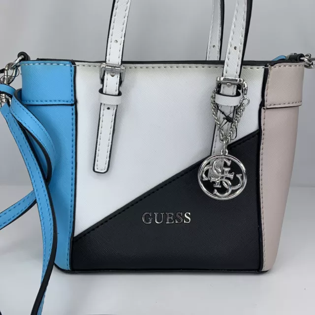 Guess Delaney Petit Crossbody Top Handle Mini Tote Shoulder Bag Blue Black White 2