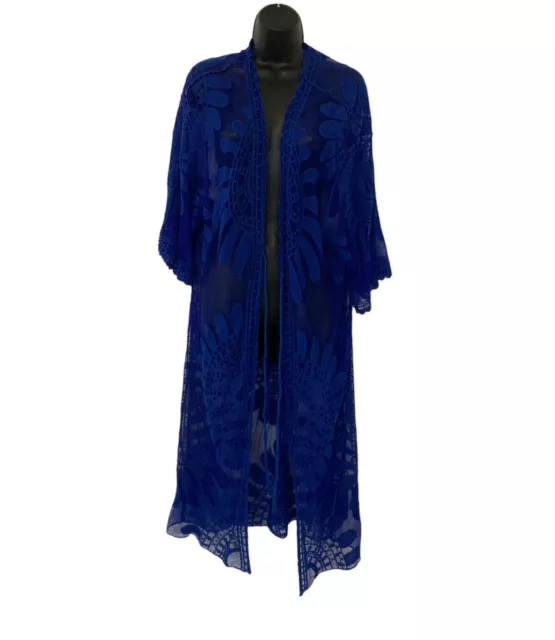 Lace/ Crocheted Open Kimono Cardigan, Women's Size L Royal Blue