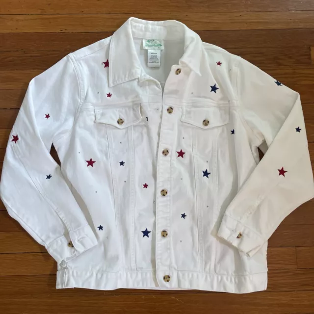 QUAKER FACTORY Womens White Denim Jacket Embroidered Stars Rhinestones Size MED