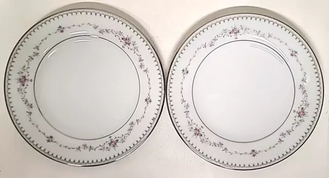 Noritake Japan 6102 Fairmont Plate Set 2 White Floral Pink Roses Platinum Trim