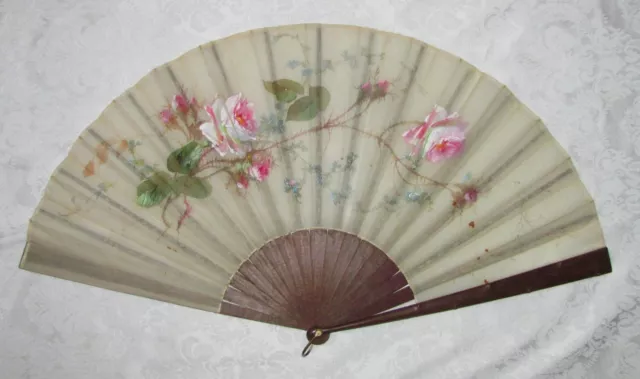 Antique Victorian Hand Painted Silk Hand Fan 1880's Signed