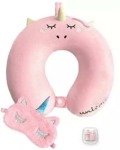 Travel Neck Pillow for Kids, Unicorn Memory Foam Pillow & eye mask and ear plugs