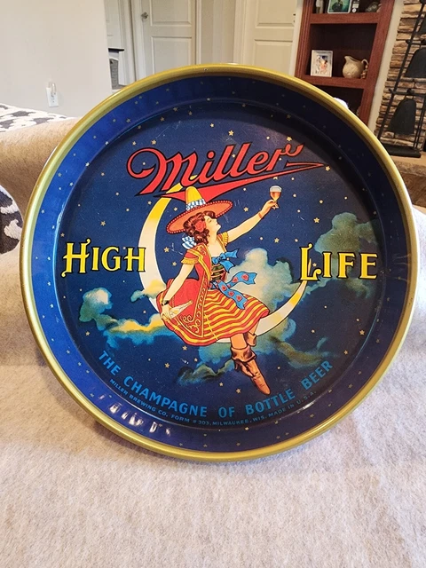 VINTAGE 1940s 1950s Miller High Life Beer Tray Tin Serving Metal Girl Maid Moon