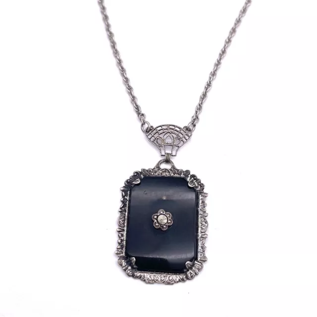 Art Deco 925 Sterling Silver Gemstone Filigree Pendant Chain Necklace