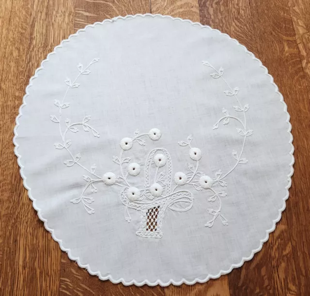 Vintage White Cotton Centerpiece Doily 23-1/2 x 22 in. Basket Tambour Embroidery