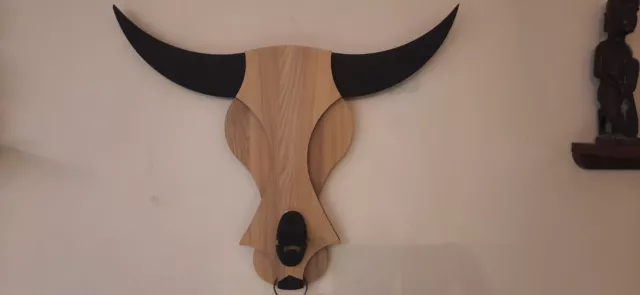 Fatto a Mano Legno Bull Viso Apribottiglie Con Corna Decorativo Muro Arte Casa