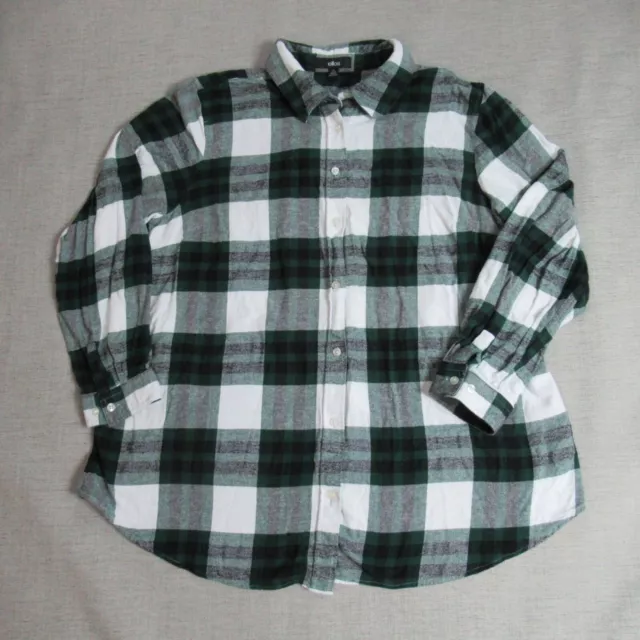 Ellos Womens Flannel Shirt Size 1X Green White Buffalo Plaid Autumn Outdoor Top