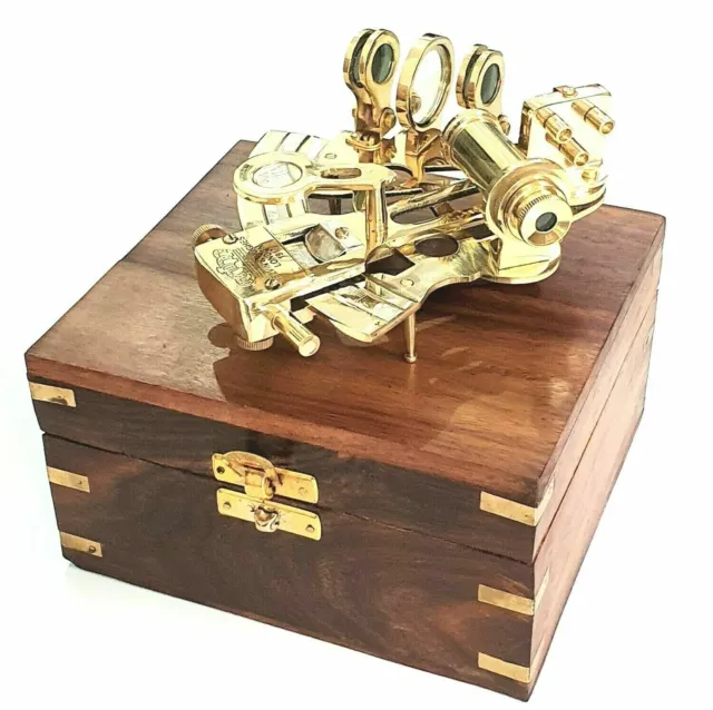 Nautical Marine Sextant Brass Pocket Sextant Navigation Vintage Wooden Box