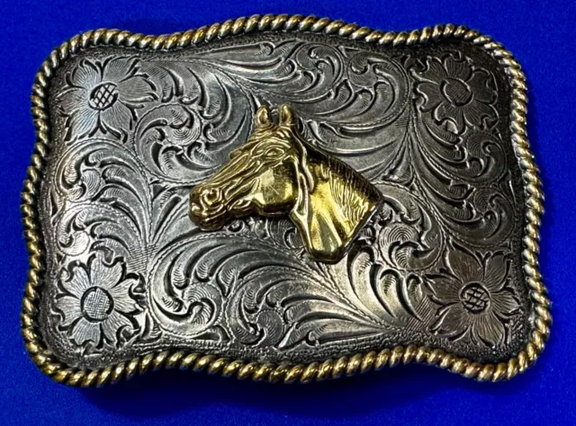 Beautiful Horse Head Centered Flower Swirl Two Tone Western Cowboy Belt Buckle