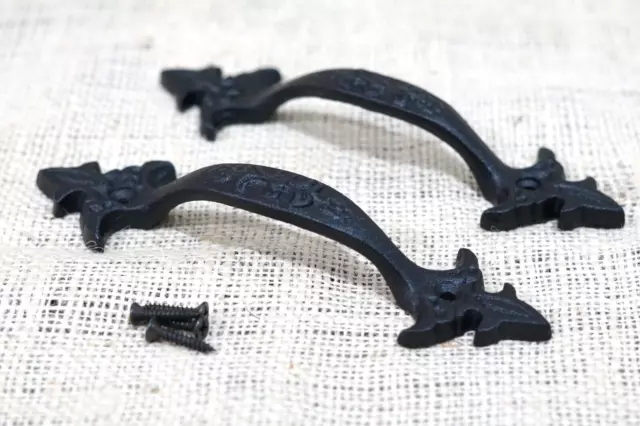 2 Cast Iron Black Handles Gate Pull Shed Door Barn Handle Fancy Drawer Pulls