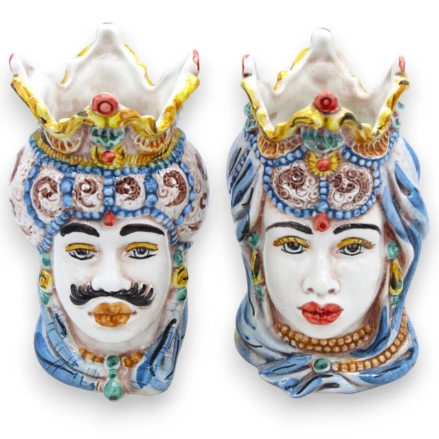 Coppia Teste di moro in ceramica Caltagirone - h 13 / 14 cm ca. con corona, turb