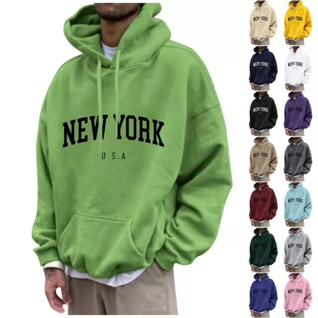 Mens Pullover Hoodie Hooded Sweatshirt Tops NEW YORK Printed Plain Hoody Jumper