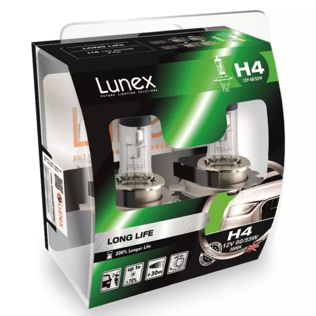 2x Lunex H4 Long Life Halógeno 200% vida más larga 3000K