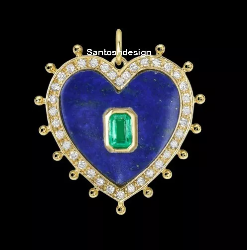 Beautiful Heart Lapis Lazuli Emerald Diamond 925 Sterling Silver Charm Pendant