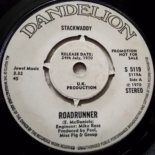 Stackwaddy ~ Roadrunner ** 1970 Uk Dandelion 7" Promo